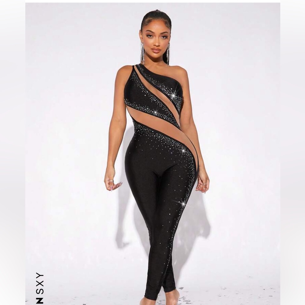 One Shoulder Mesh Rhinestone Jumpsuit - Picture 2 of 5